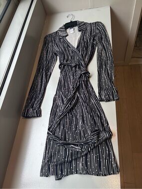 DVF Black Stripe Silk Wrap Dress with Dot Detail - Women's